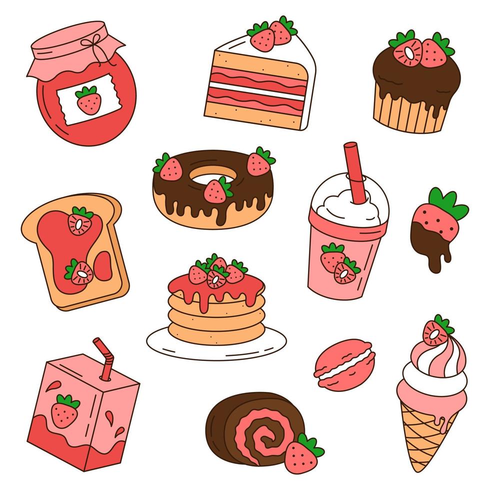 Cute doodle set with strawberry desserts and drinks isolated on white background. vector