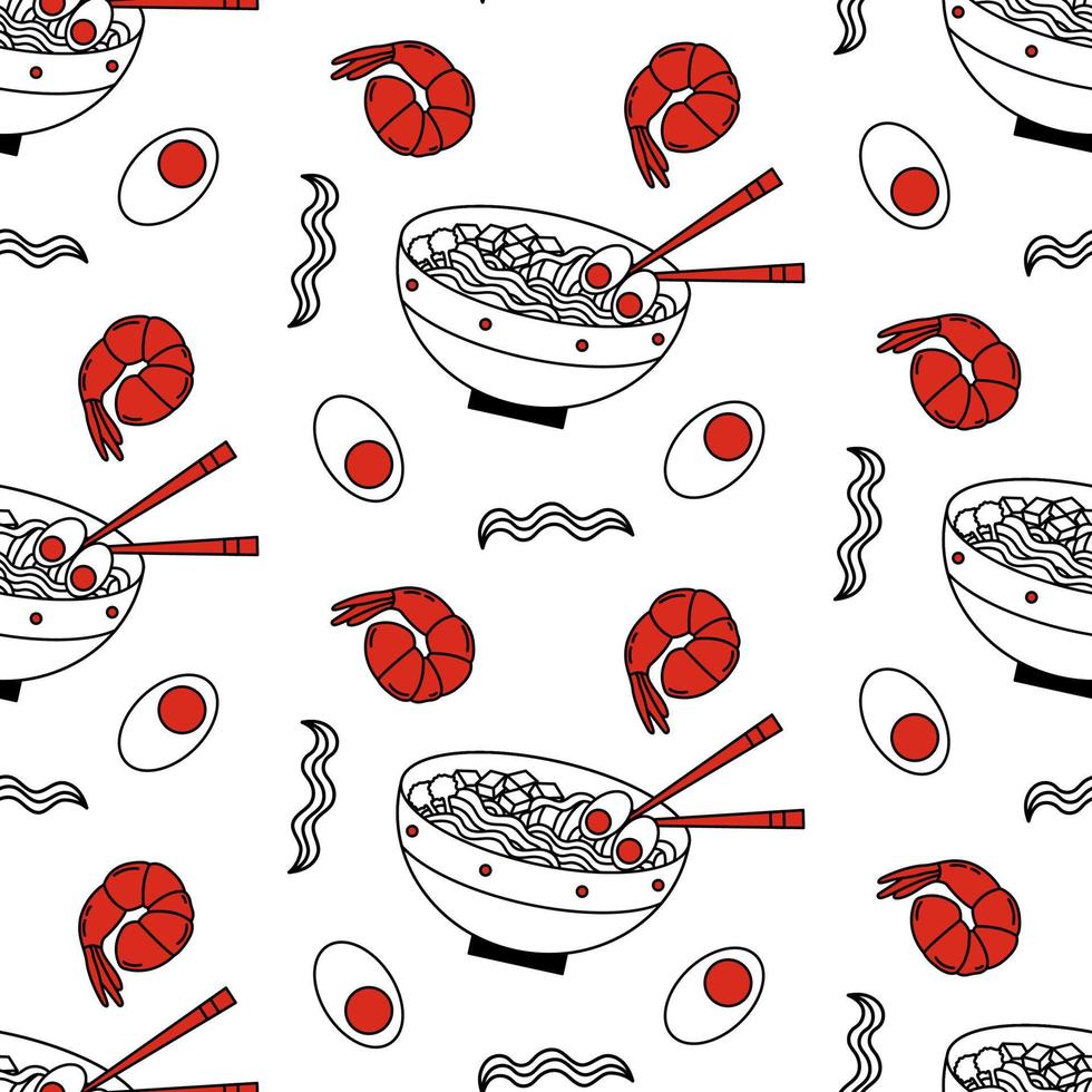 Seamless pattern with asian food on white background. Japanese soup ramen, prawns, eggs and noodles. vector