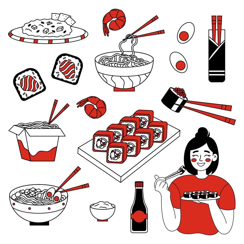 Girl eating sushi and asian food doodle set. Chinese soup ramen, rice with meat, sushi, noodles and sauces isolated on a white background. vector