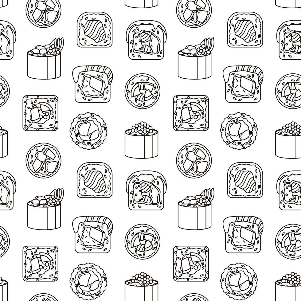 patrón sin costuras con sushi sobre fondo blanco. arte lineal. vector