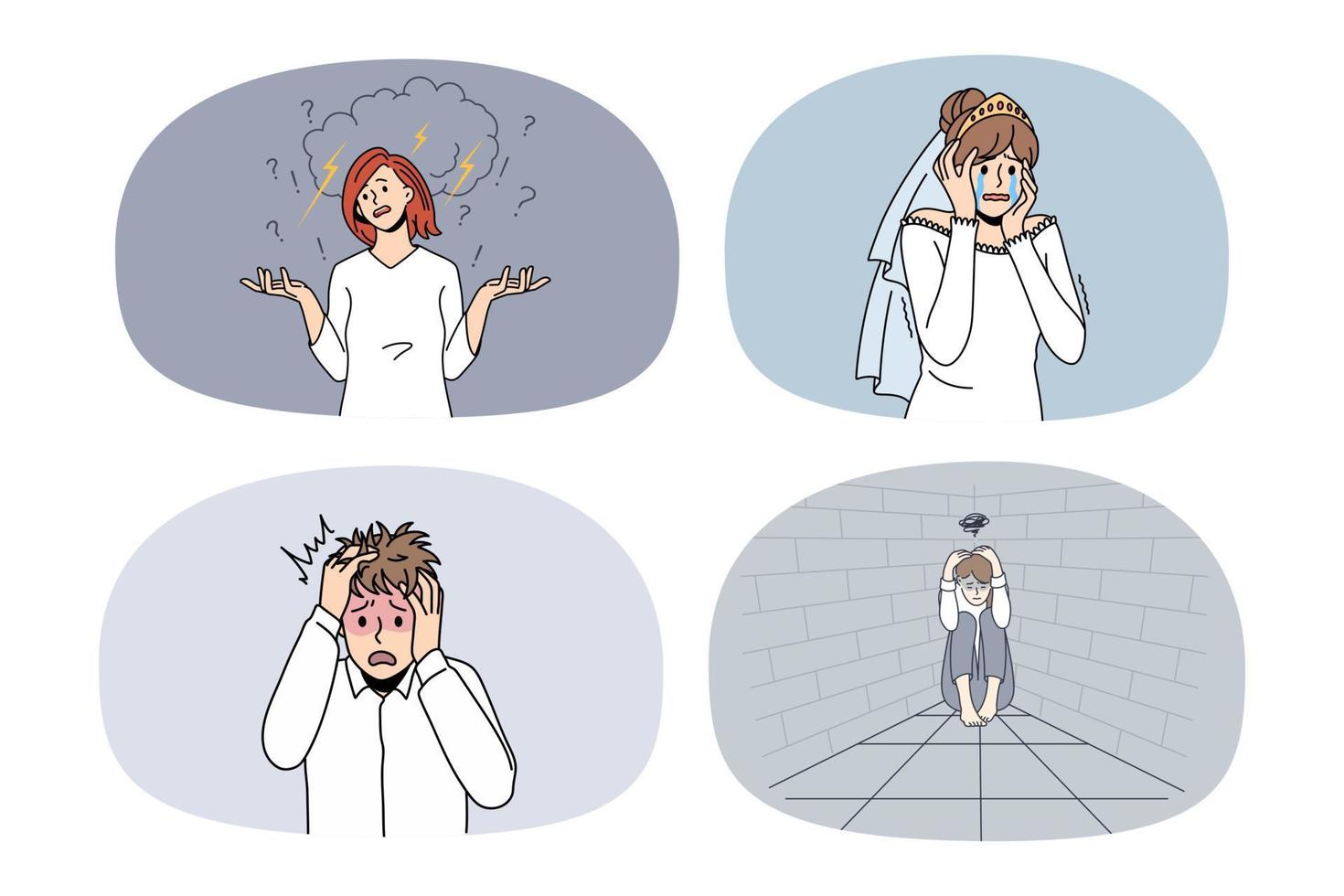 Set of upset crying people feel distressed struggle with mental or psychological problems. Collection of frustrated upset men and women stressed with depression or panic attack. Vector. vector