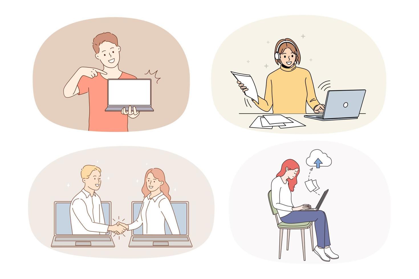 Set of diverse people working online on computer communicate with client. Collection of men and women use laptops networking on internet on lockdown. Vector illustration.