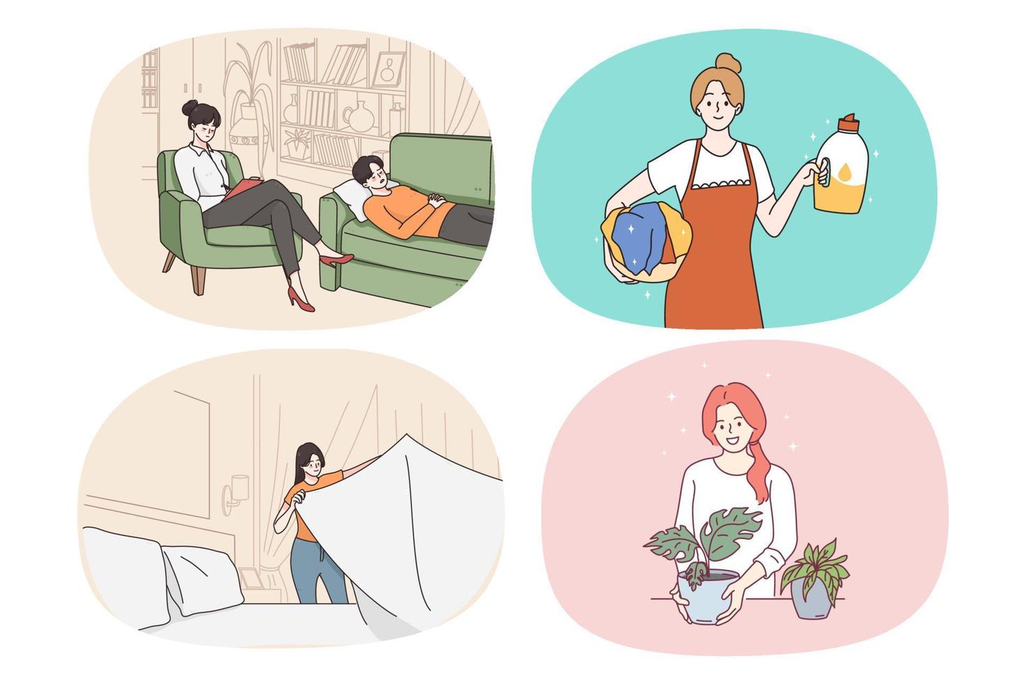 Collection of female specialists and various careers or professions. Set of women having different occupations and jobs. Psychologist, housekeeper, and gardener. Vector illustration.