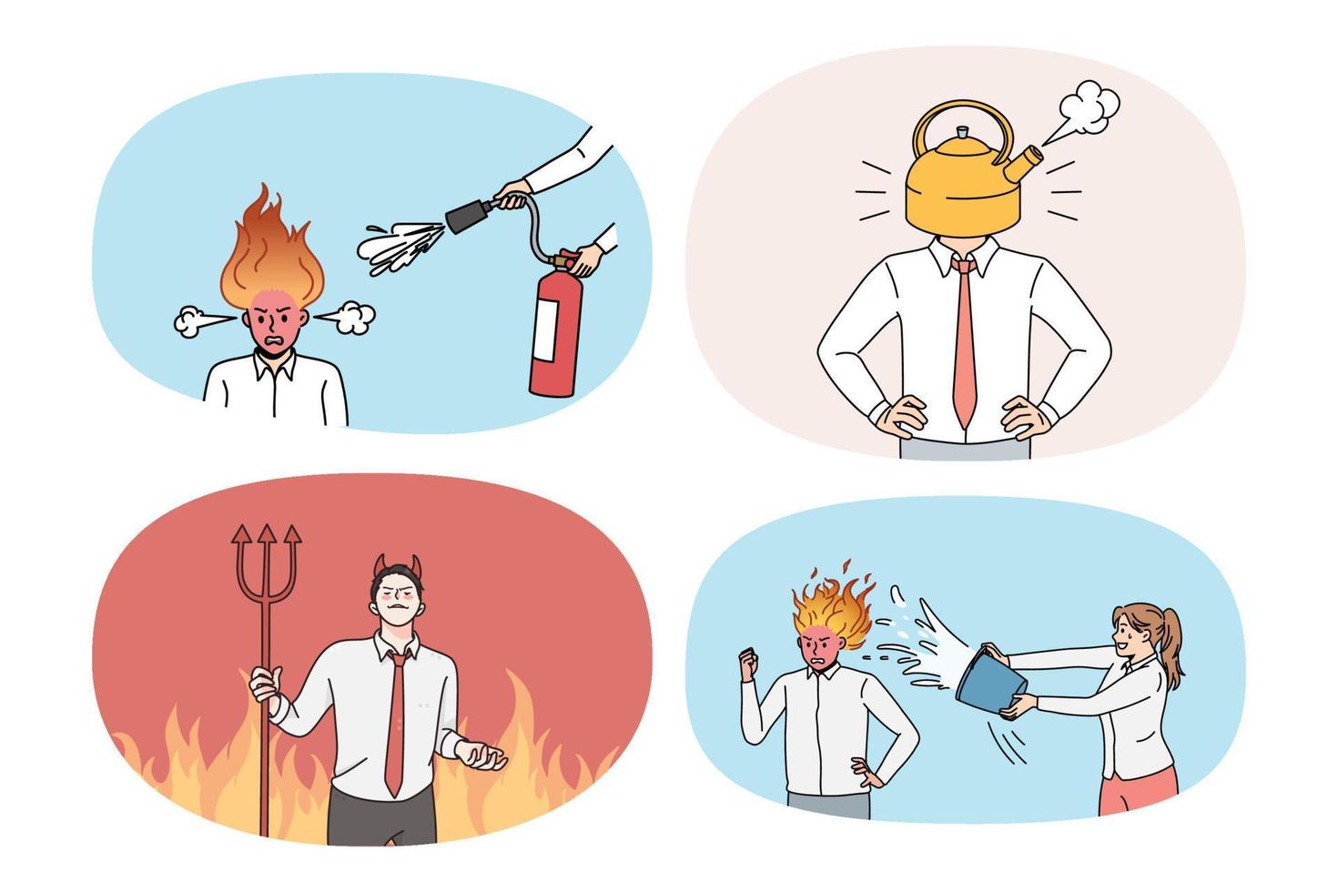 Set of stressed businessman with burning head suffer from nervous breakdown at work. Collection of upset distressed man employee overwhelmed with job stress. Flat vector illustration.