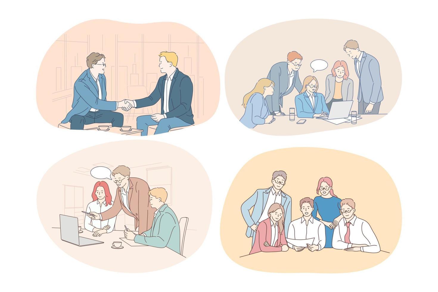 Teamwork business negotiations deal, office, agreement, cooperation concept. Business people partners coworkers discussing projects during brainstorming, arguing, making presentation together vector