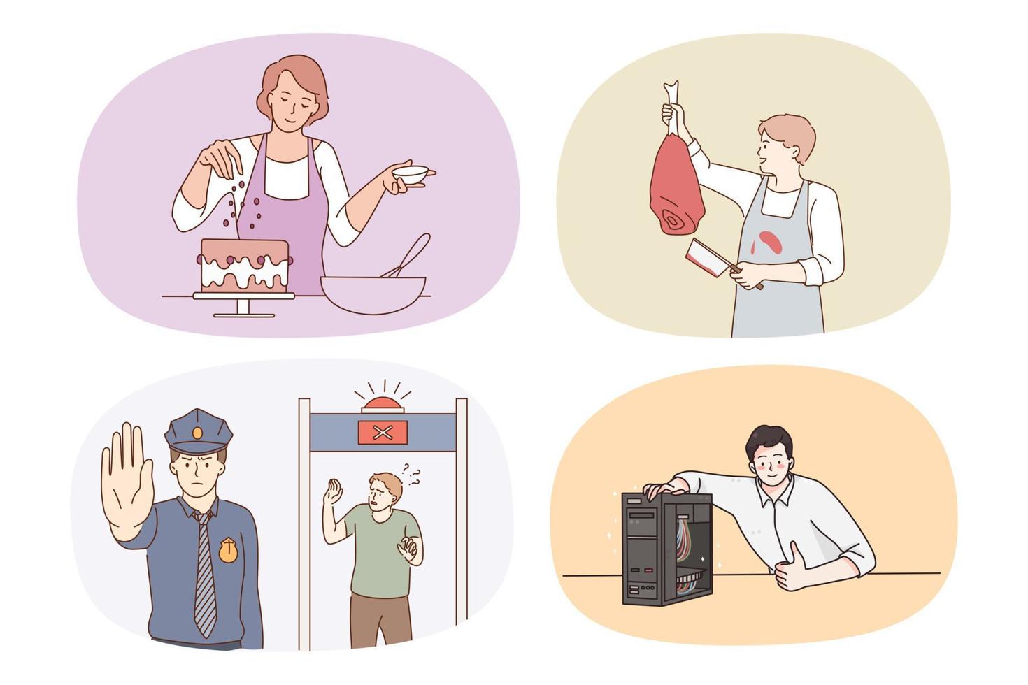 Set of people occupations and professions. Collection of men and women with different jobs and careers. Pastry chef, butcher, guard or policeman, engineer. Vector illustration.