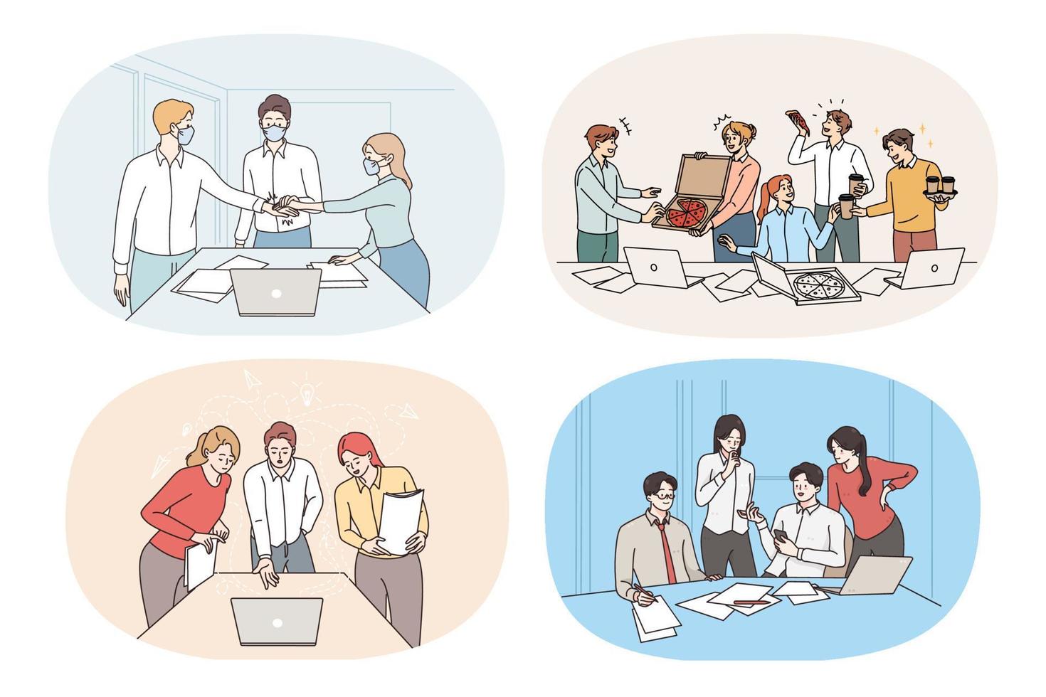 Set of businesspeople office life routine, negotiations and break. Collection of employees or workers talk brainstorm cooperate at meeting at workplace. Teamwork. Vector illustration.