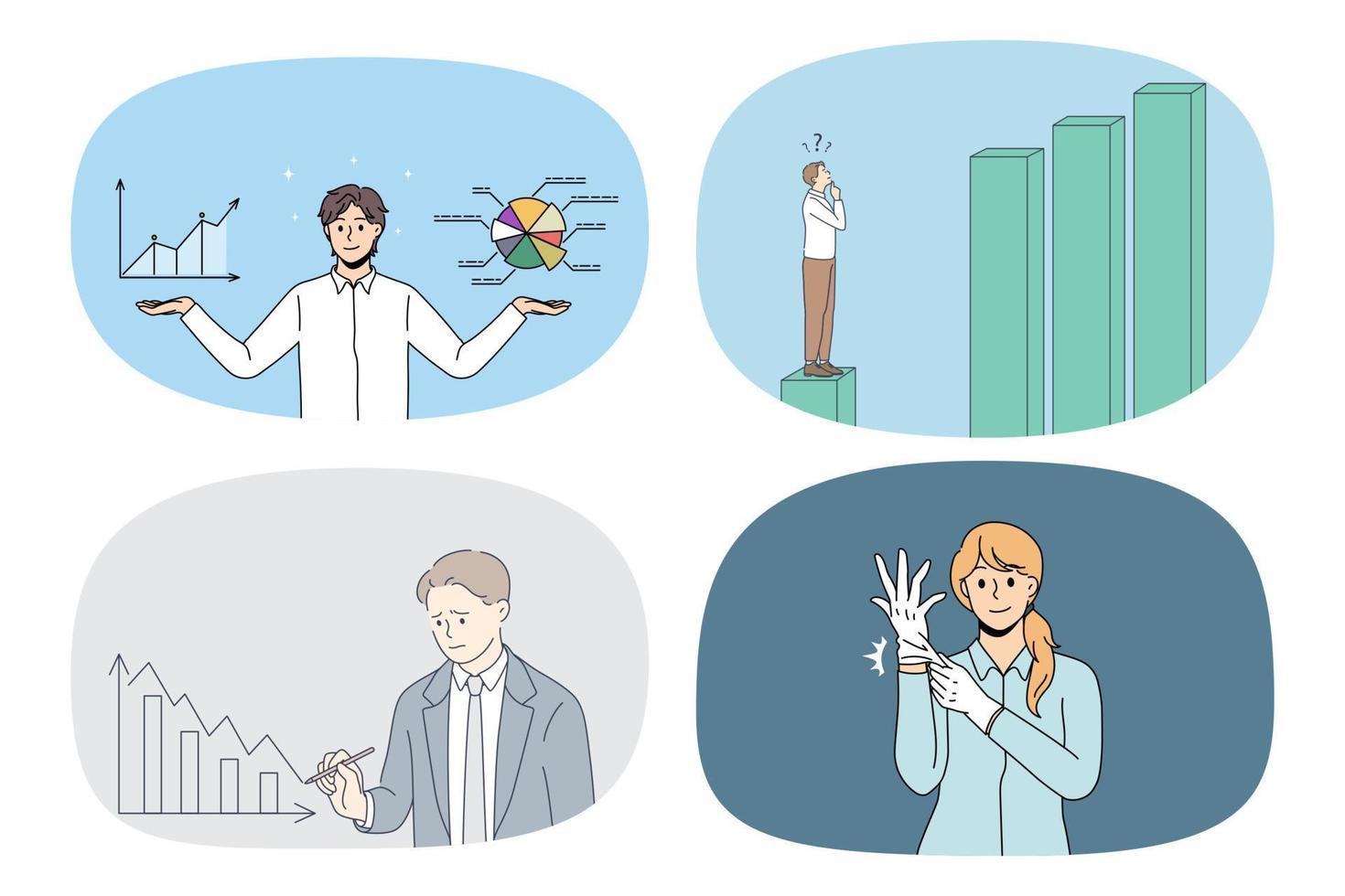 Set of businesspeople charts and graphs work in banking field. Collection of men and women analysts or bankers brainstorm over financial diagrams. Finance concept. Vector illustration.