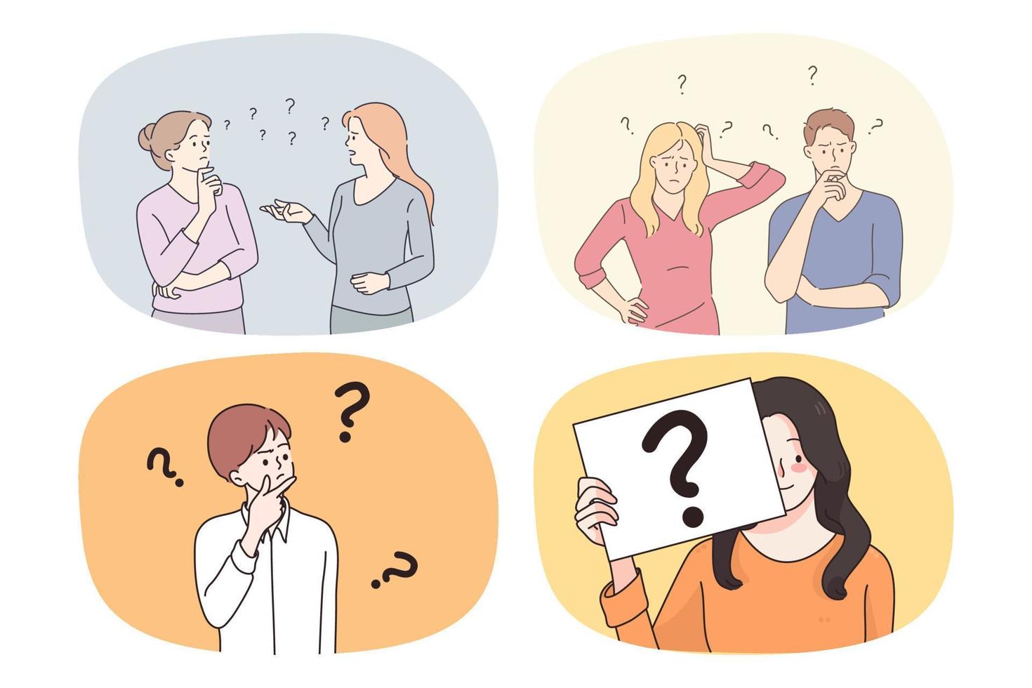 la colección de hombres y mujeres hace una lluvia de ideas, piensa en resolver problemas o dilemas. un conjunto de personas diversas con signos de interrogación consideran la solución de problemas. frustración y confusión. ilustración vectorial vector