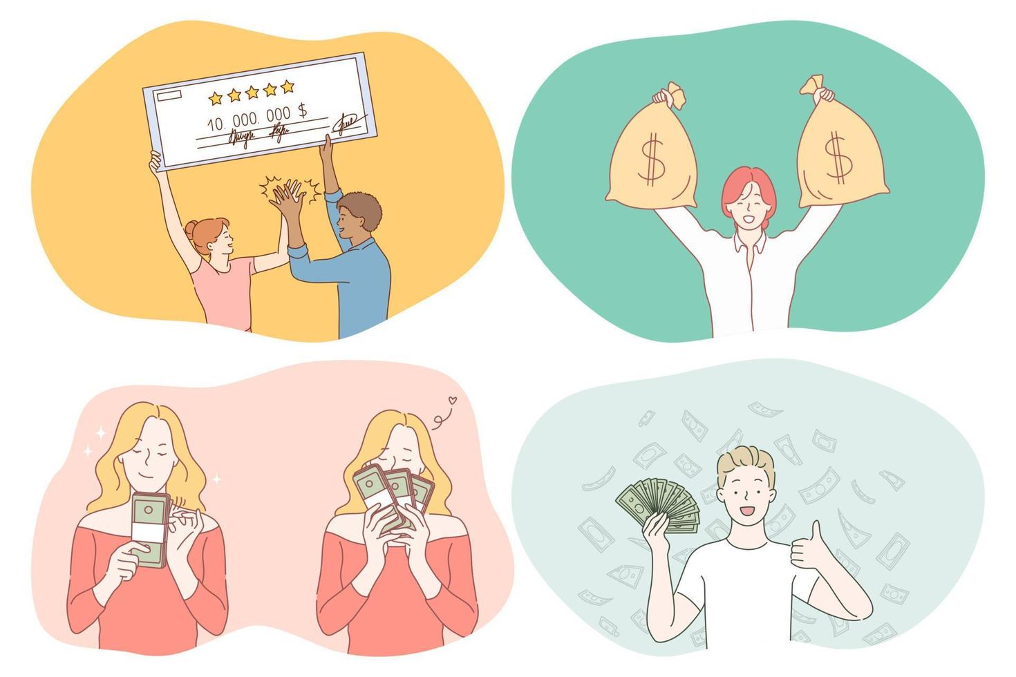 Money, wealth, jackpot concept. Young happy people cartoon characters holding check for big amount of money, sacks with cash, heaps ob banknotes and earning good salary. Cash finance savings vector
