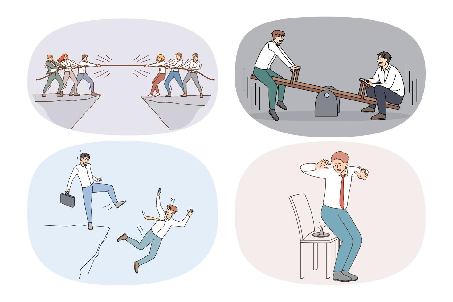 Set of diverse businesspeople involved in job competition for work place. Concept of rivalry and leadership. Collection of employees compete with colleagues for position. Vector illustration.
