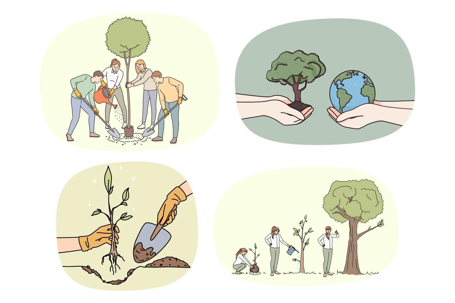 Set of diverse people plant seedling care about nature conservation. Collection of volunteers growing trees think of planet earth saving and protection. Environment safety. Vector illustration.