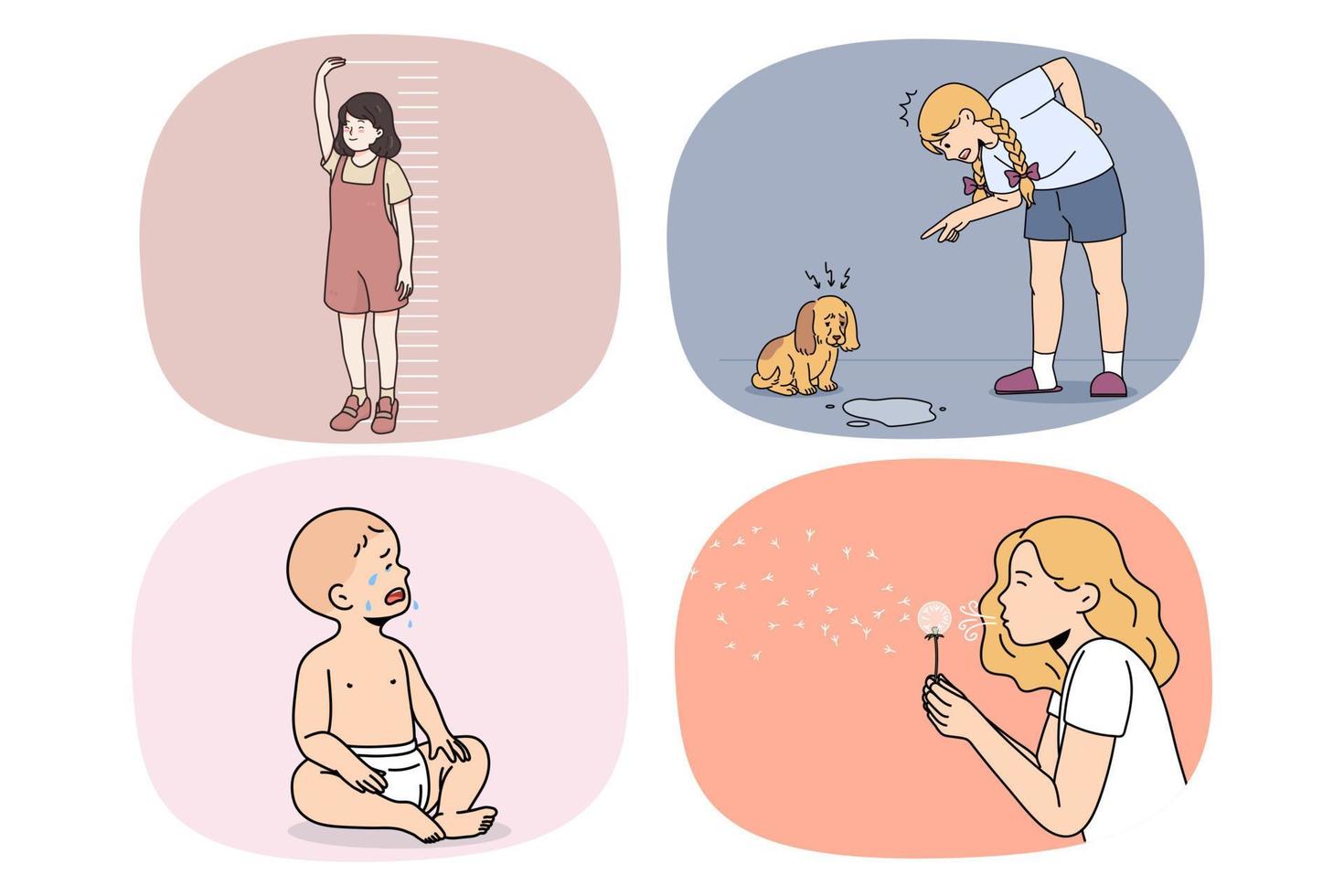 Set of diverse kids of different age with various emotions. Collection of small children cry and smile, do everyday activities, train dog and go for walk. Childhood concept. Vector illustration.