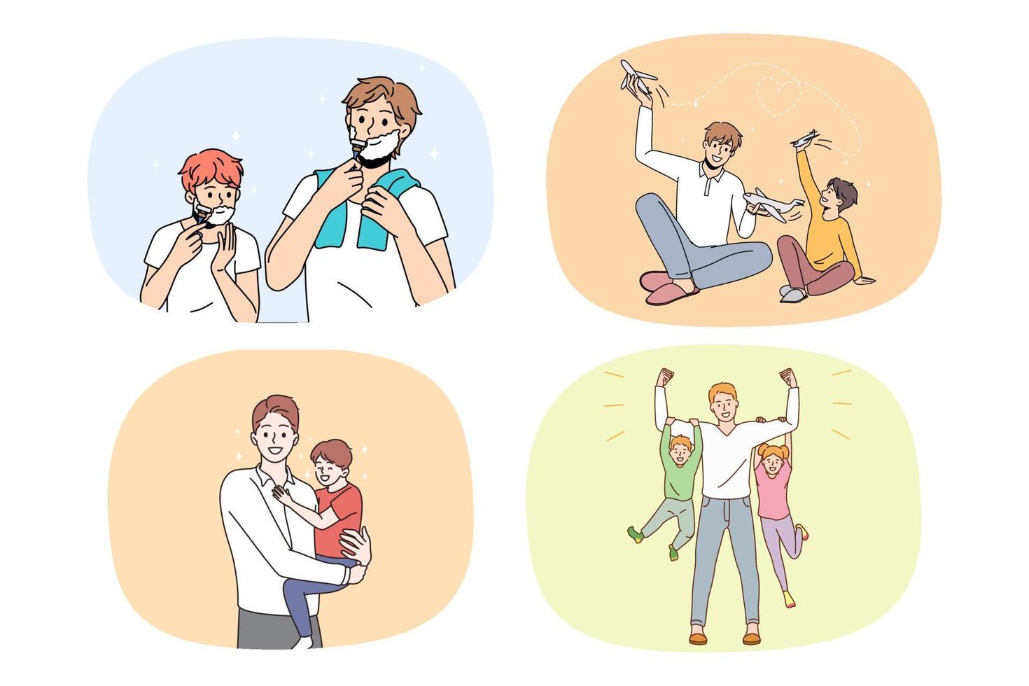 Collection of smiling young dad have fun spend time with small children. Set of happy loving dad relax play with little kid child. Fatherhood concept. Upbringing and childcare. Vector illustration.