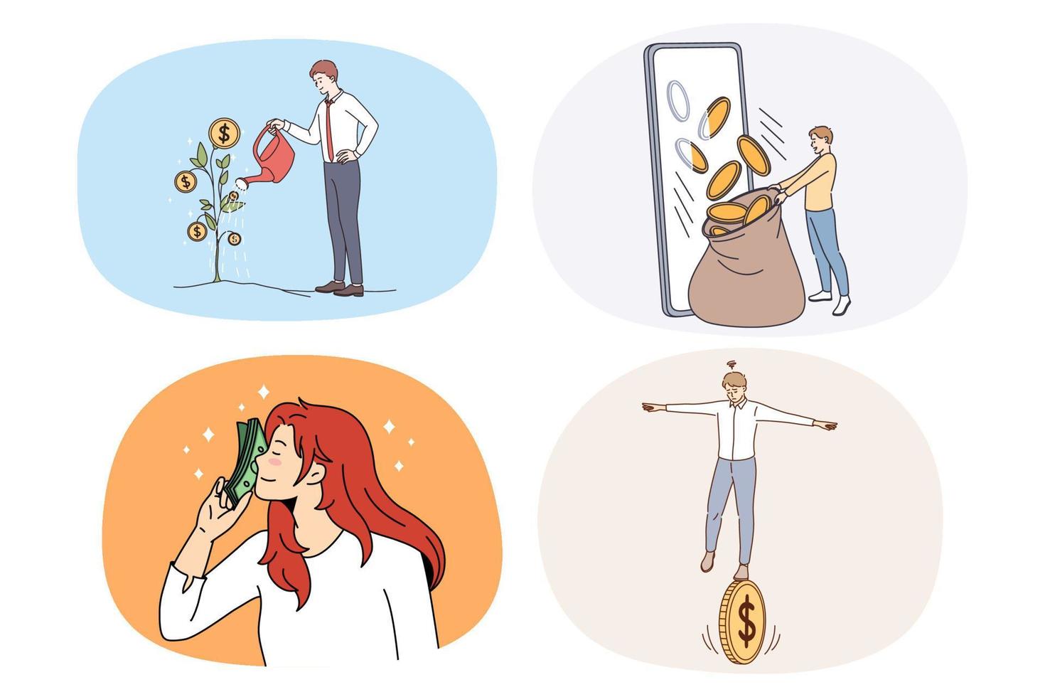 Set of businesspeople collect income or profit from successful dividend. Collection of employees with coins and banknotes earning money from investment. Finance concept. Vector illustration.