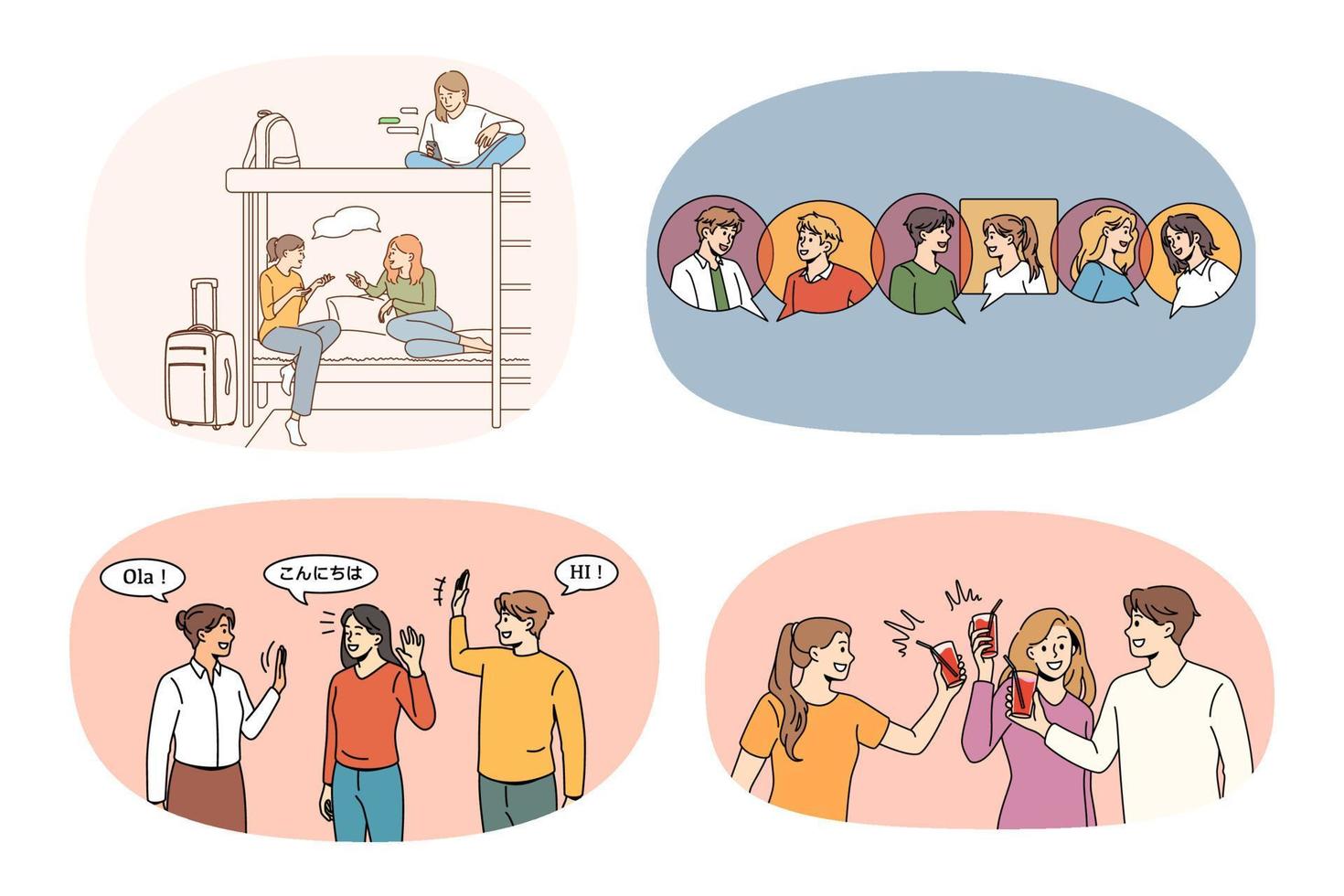 Set of happy young people students communicate relax together. Collection of smiling friends rest enjoy communication. Friendship and diversity concept. Vector illustration.