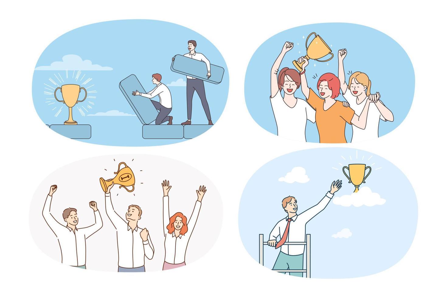 Set of excited diverse businesspeople win award celebrate shared business success. Collection of happy employees win prize. Goal achievement. Teamwork. Vector illustration.