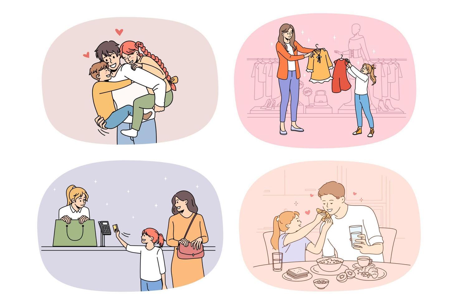 colección de padres jóvenes amorosos felices divertirse pasar el fin de semana con niños pequeños. un grupo de mamá y papá sonrientes disfrutan de los días con niños pequeños. unidad familiar y paternidad. ilustración vectorial vector