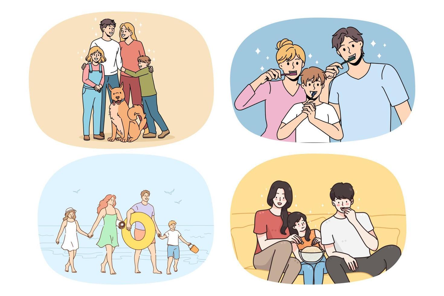 un conjunto de familias jóvenes felices con niños disfrutan juntos de las actividades de la vida cotidiana. colección de amorosos padres sonrientes y niños relajarse pasar tiempo en casa mostrar unidad y cuidado. ilustración vectorial vector