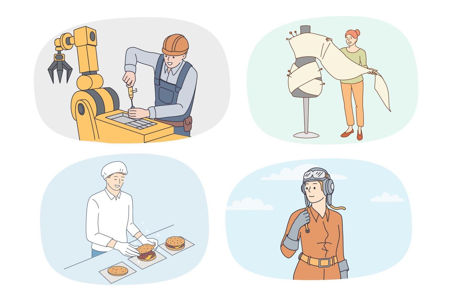 Set of people having different jobs and careers. Collection of men and women occupations and professions. Engineer, designer or tailor, chef and pilot. Vector illustration.
