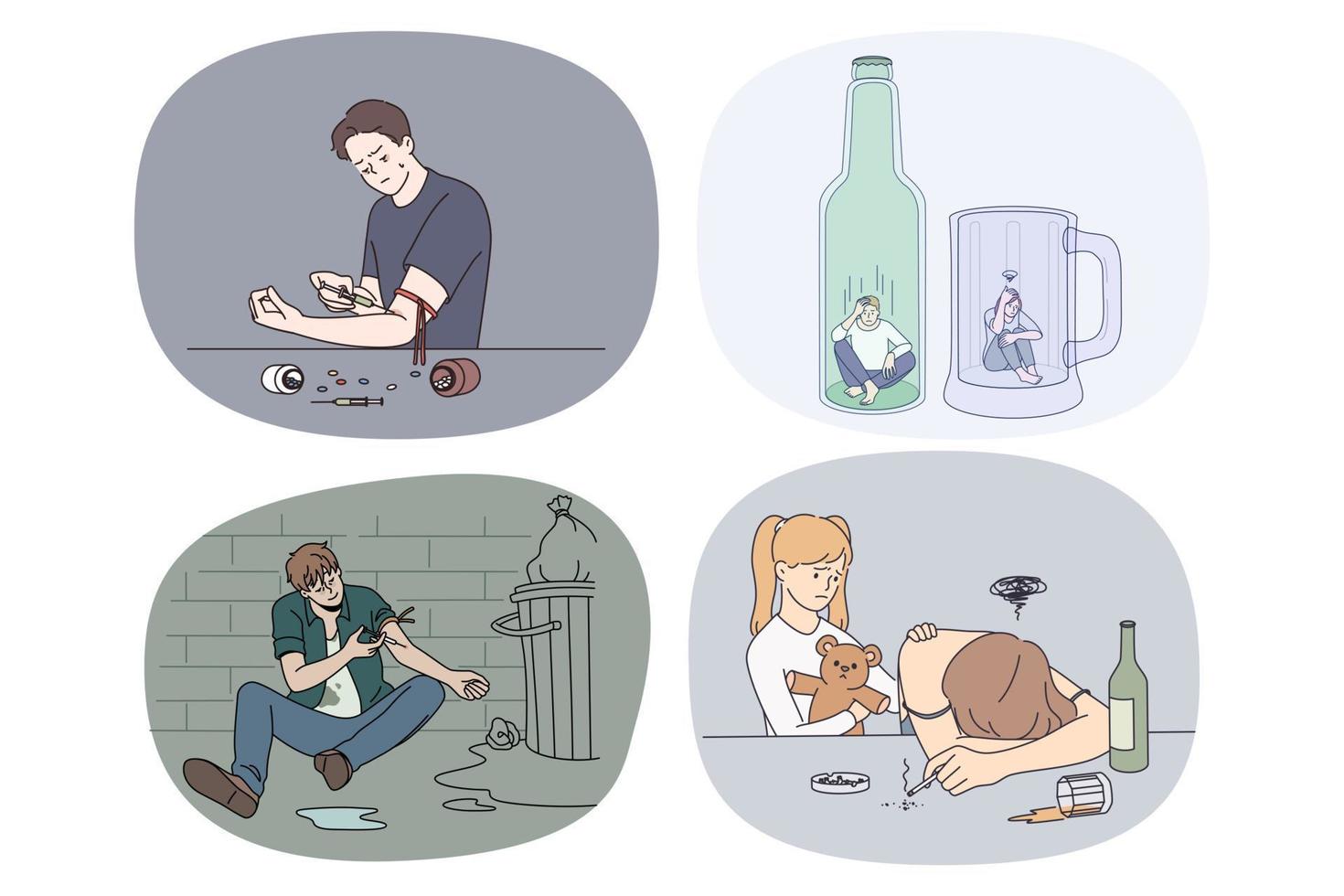 colección de diversas personas sufren de adicciones al alcohol y las drogas. conjunto de hombres y mujeres sufren con comportamientos adictivos. mala costumbre y cuidado de la salud. ilustración vectorial plana. vector