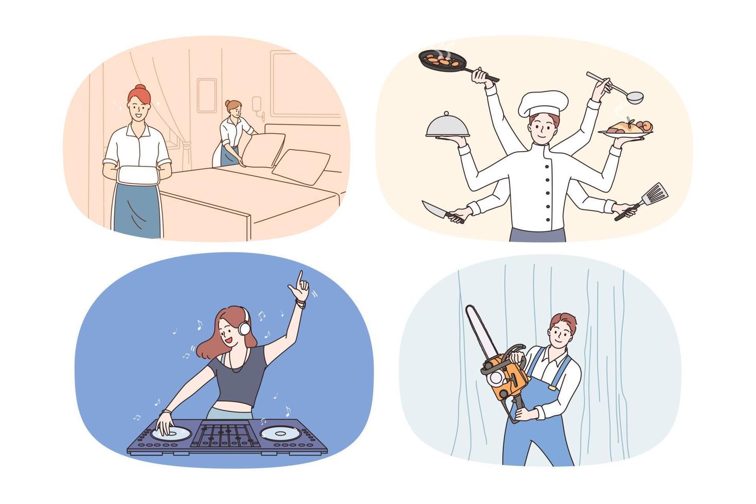 Set of people occupations and jobs. Collection of men and women having different professions and careers. Employment concept. Housekeeper, chef, dj and lumberman. Vector illustration.