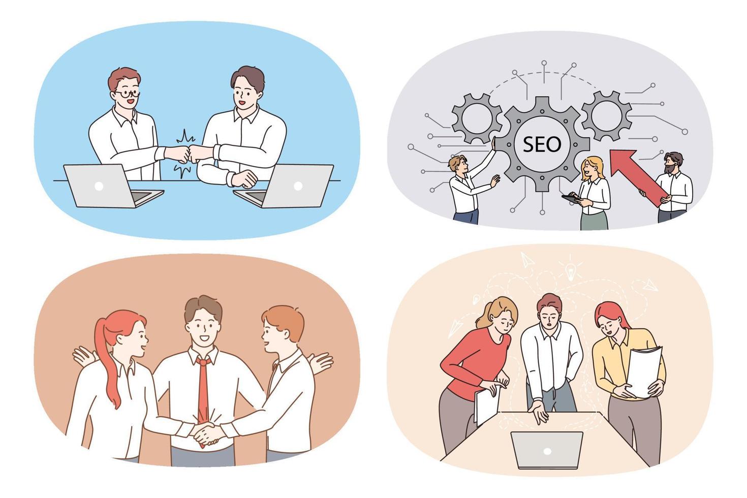 Set of businesspeople cooperate discuss projects at team meeting in office. Collection of diverse employees or workers collaborate handshake close deal at briefing. Flat vector illustration.