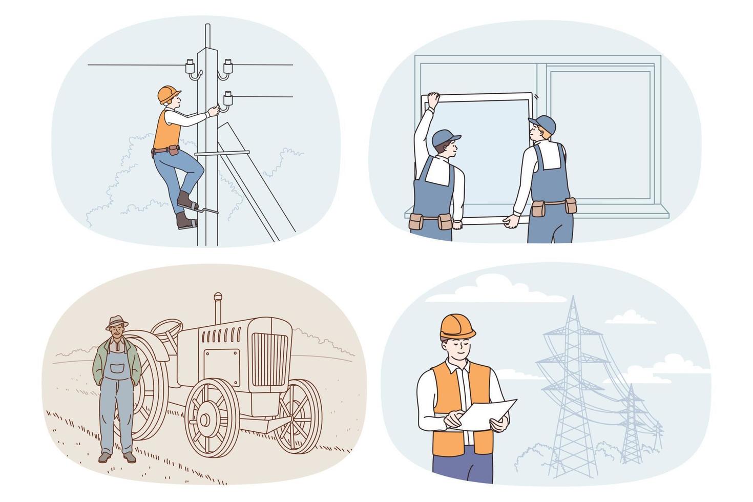 Collection of people occupations and professions. Set of men having different jobs and careers. Electrician, mounter and farmer. Employment and recruitment. Vector illustration.