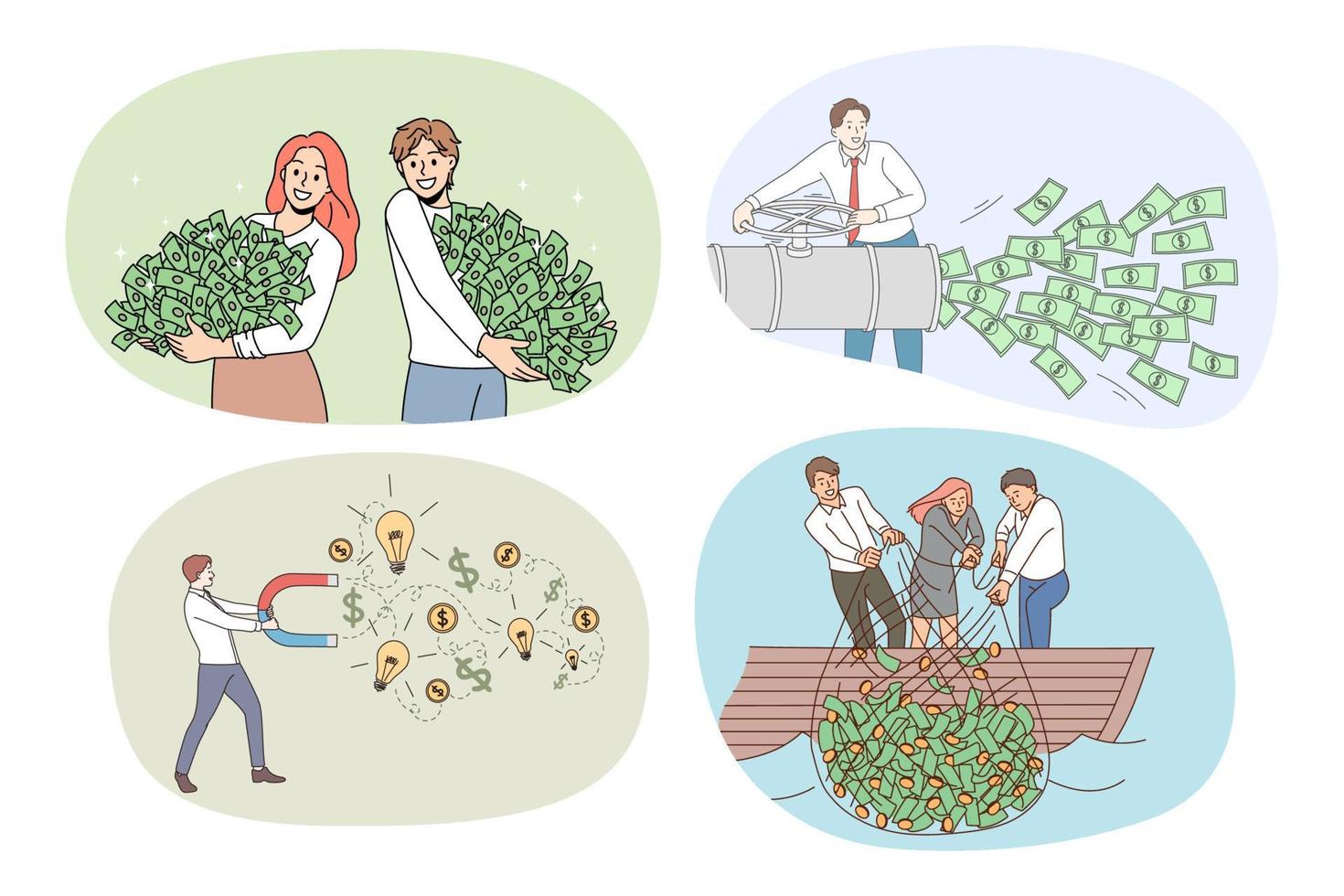 un grupo de empresarios felices con montones de dinero obtienen dividendos de la inversión. la colección de empleados sonrientes recibe montones de dinero en efectivo. ingresos pasivos y estabilidad financiera. vector. vector