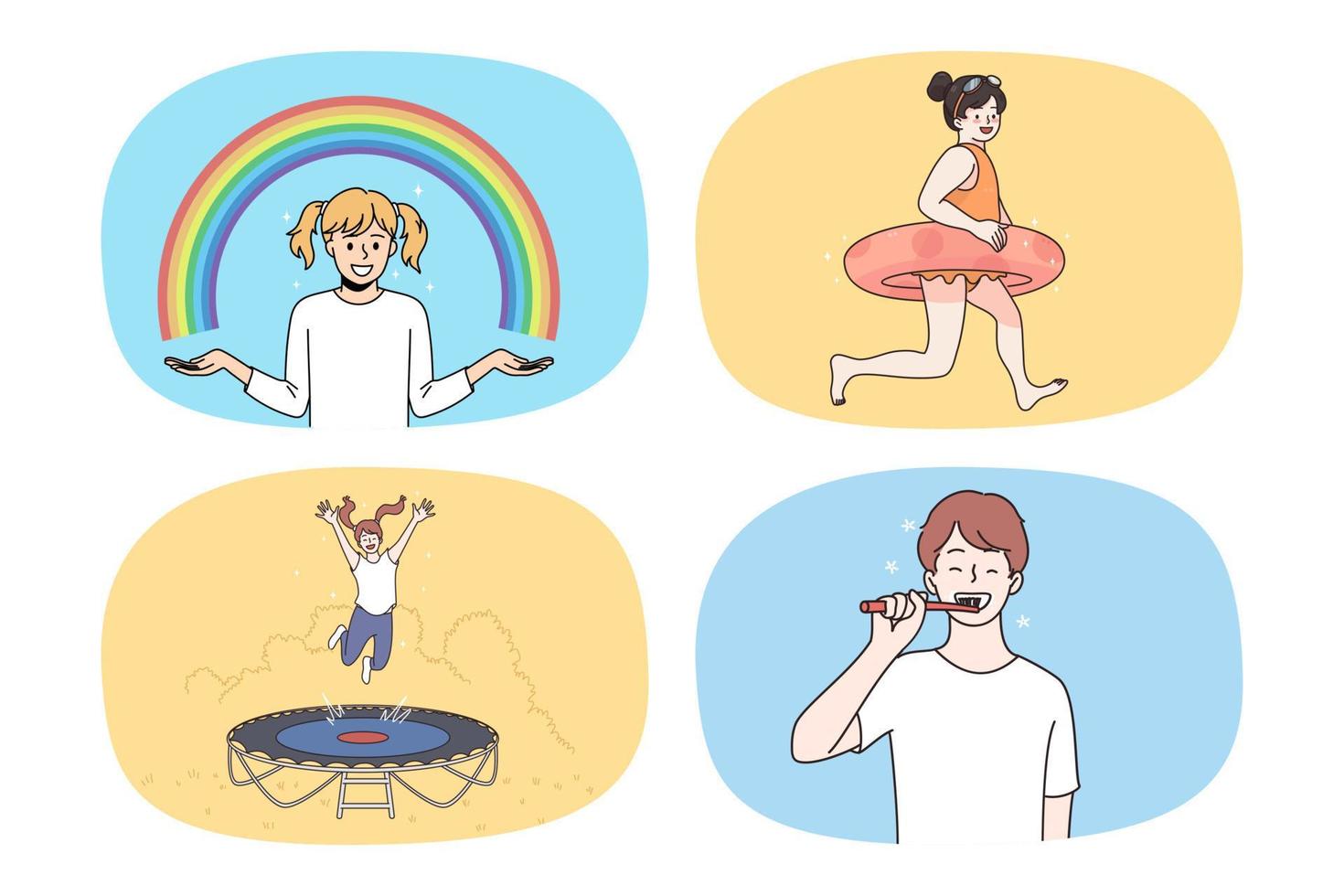 Set of smiling teen kids enjoy leisure time relaxing outdoors. Collection of happy little children have fun on daily life, have joyful childhood. Upbringing and entertainment. Vector illustration.