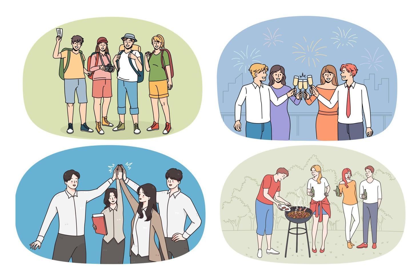 Set of smiling diverse friends have fun enjoy leisure times together. Collection of happy young people relax, enjoy vacation outdoors and celebrate. Friendship and unity. Vector illustration.