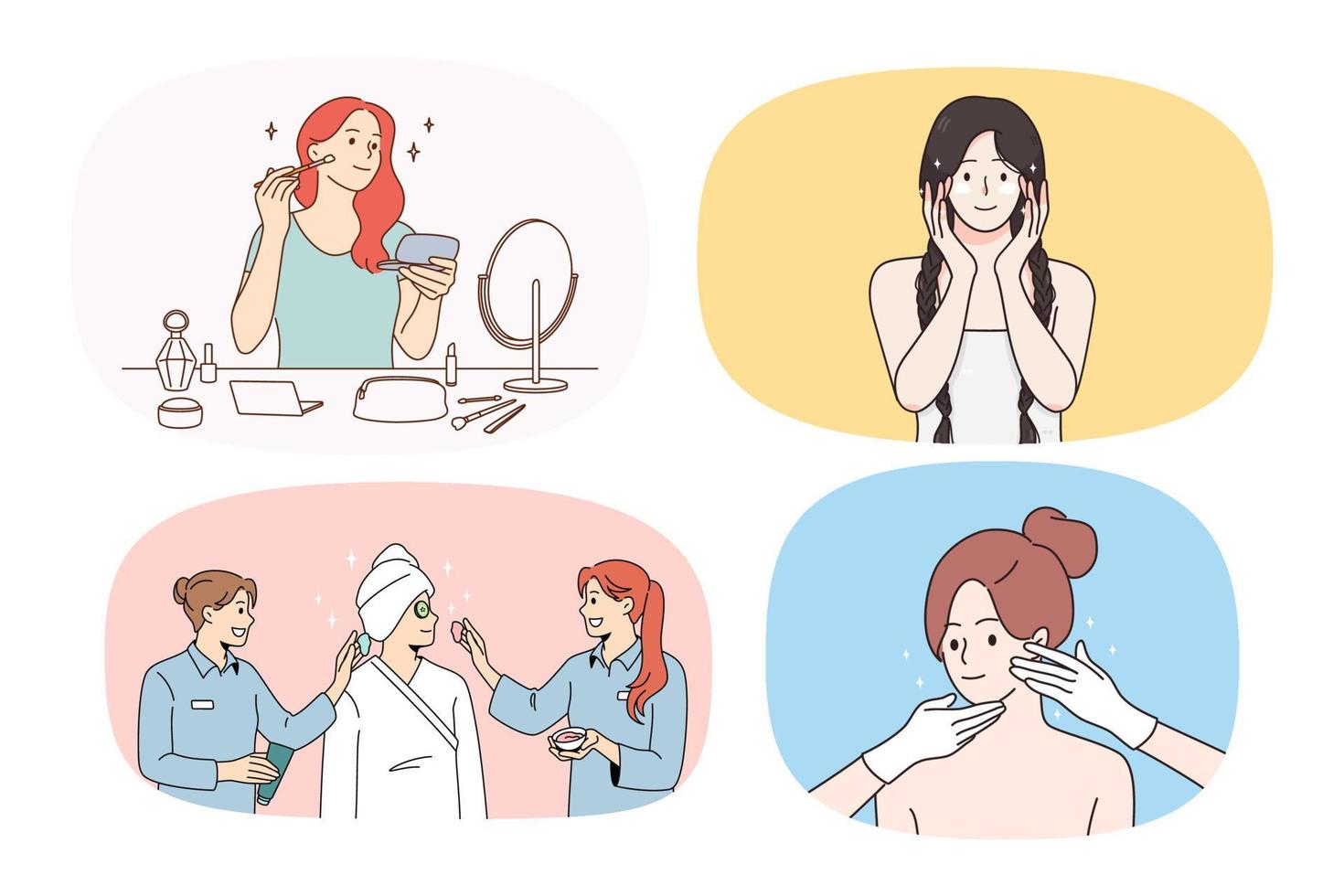 Set of happy girls enjoy spa or cosmetology routine skincare procedures. Collection of women take care of face skin, do beauty cosmetic treatment. Dermatology concept. Vector illustration.
