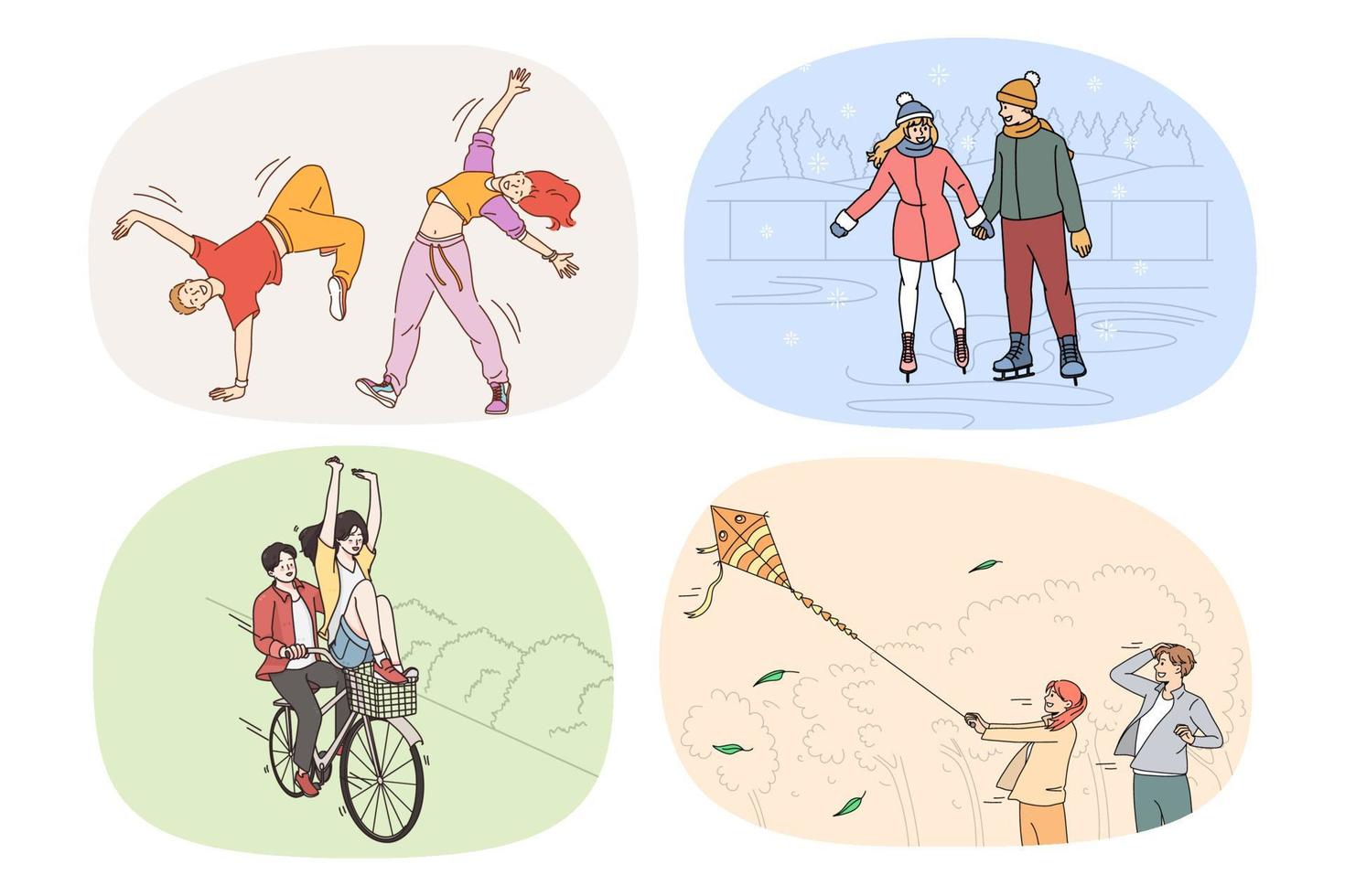 un grupo de jóvenes sonrientes y diversos se relajan descansan juntos patinando y montando en bicicleta. colección de amigos felices diviértete disfruta el fin de semana de ocio. amistad y relajación. ilustración vectorial vector