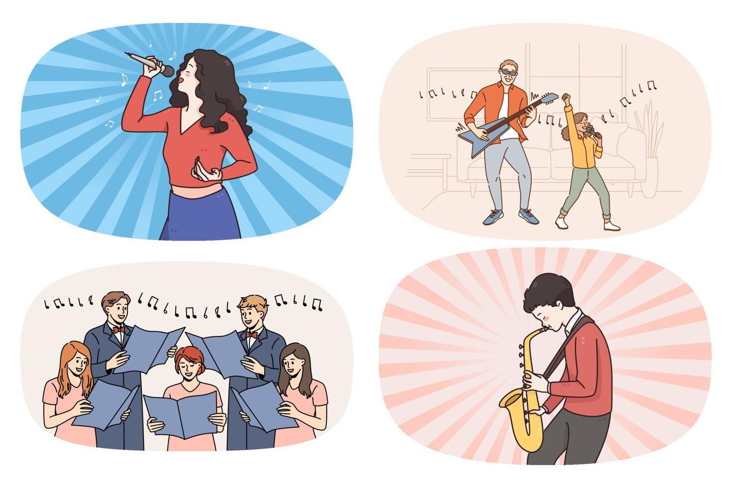 un conjunto de personas diversas cantan y tocan instrumentos musicales disfrutan de pasatiempos. colección de hombres y mujeres artistas o músicos carreras u ocupaciones. profesional de la música ilustración vectorial vector