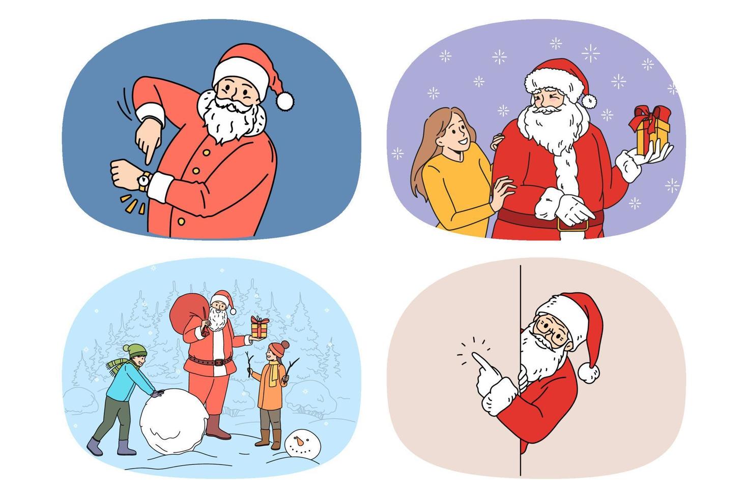 Set of smiling Santa Claus congratulate greet with New Year celebration. Collection of happy father Christmas celebrate winter holidays. Merry vacations. Flat vector illustration.