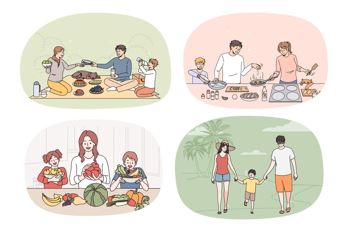 Collection of smiling loving parents and little kids have fun relax enjoy weekend together. Set of happy young family with children rest spend leisure time cooking. Parenthood. Vector illustration.