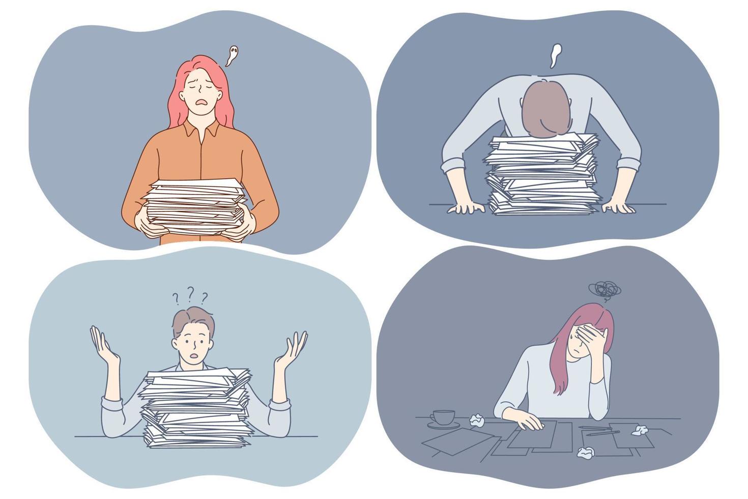 Stress, overwork, exhaustion, overload concept. Unhappy depressed young office workers sitting with heap of documents and much work and feeling stressed and tired in office vector illustration