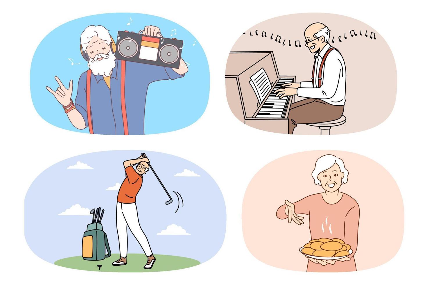 Set of happy active old pensioners people enjoy good maturity. Collection of energetic smiling mature men and women have fun involved in hobby activity. Relaxation on retirement. Vector. vector