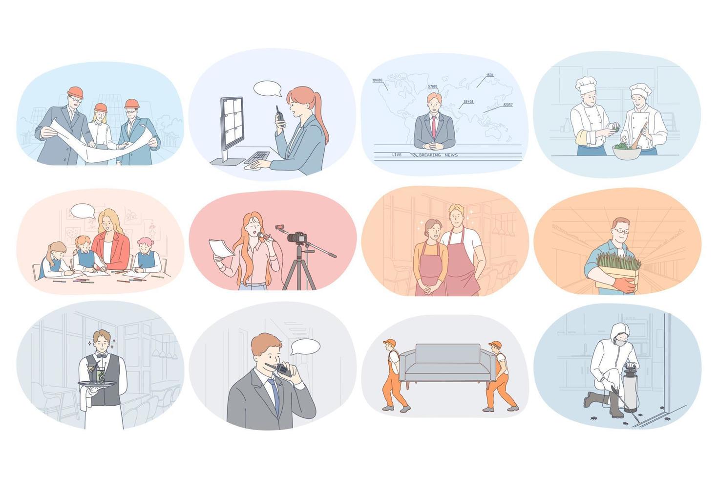 Professions, occupation, work, job, specialists, labor, business concept. People engineer operator presenter journalist cook nanny waiter farmer security guard loader manager during work vector