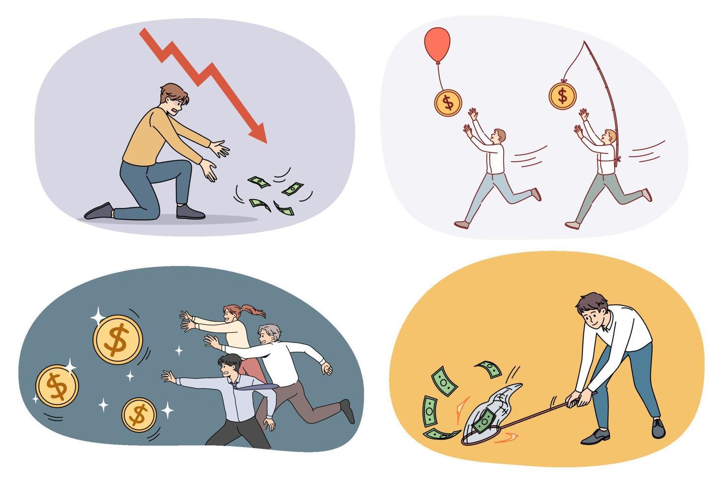 Collection of motivated businesspeople run catch money strive for business success. Set of employees chase after banknotes and coins. Finance and banking. Vector illustration.