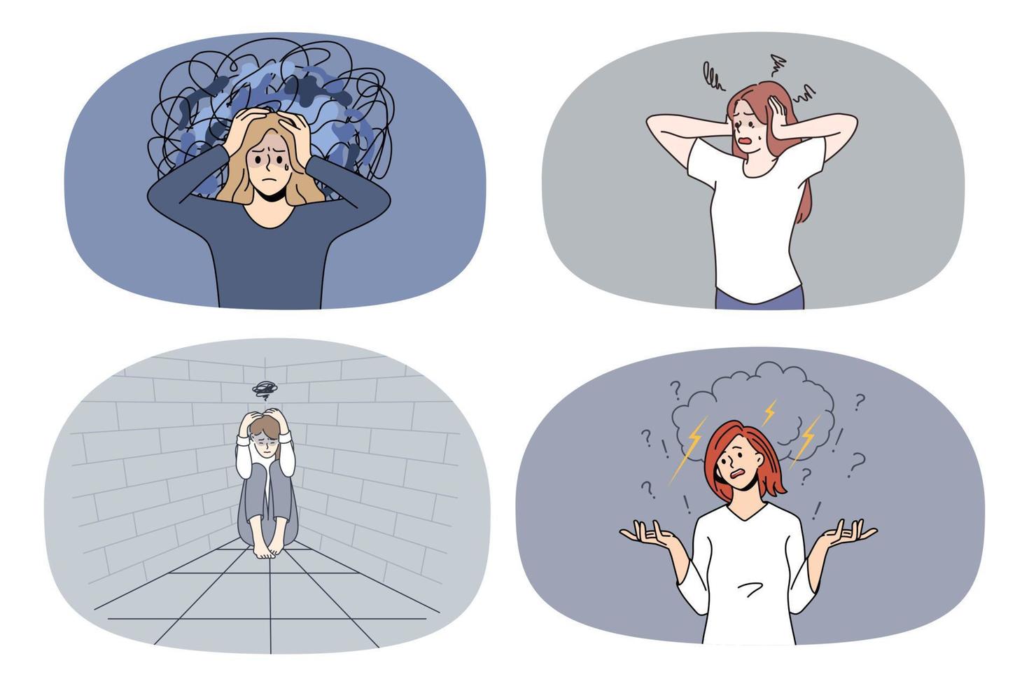 Set of unhappy stressed women feel despair suffer from depression or mental breakdown. Collection of sad distressed girls have panic attack struggle with psychological problems. Vector. vector