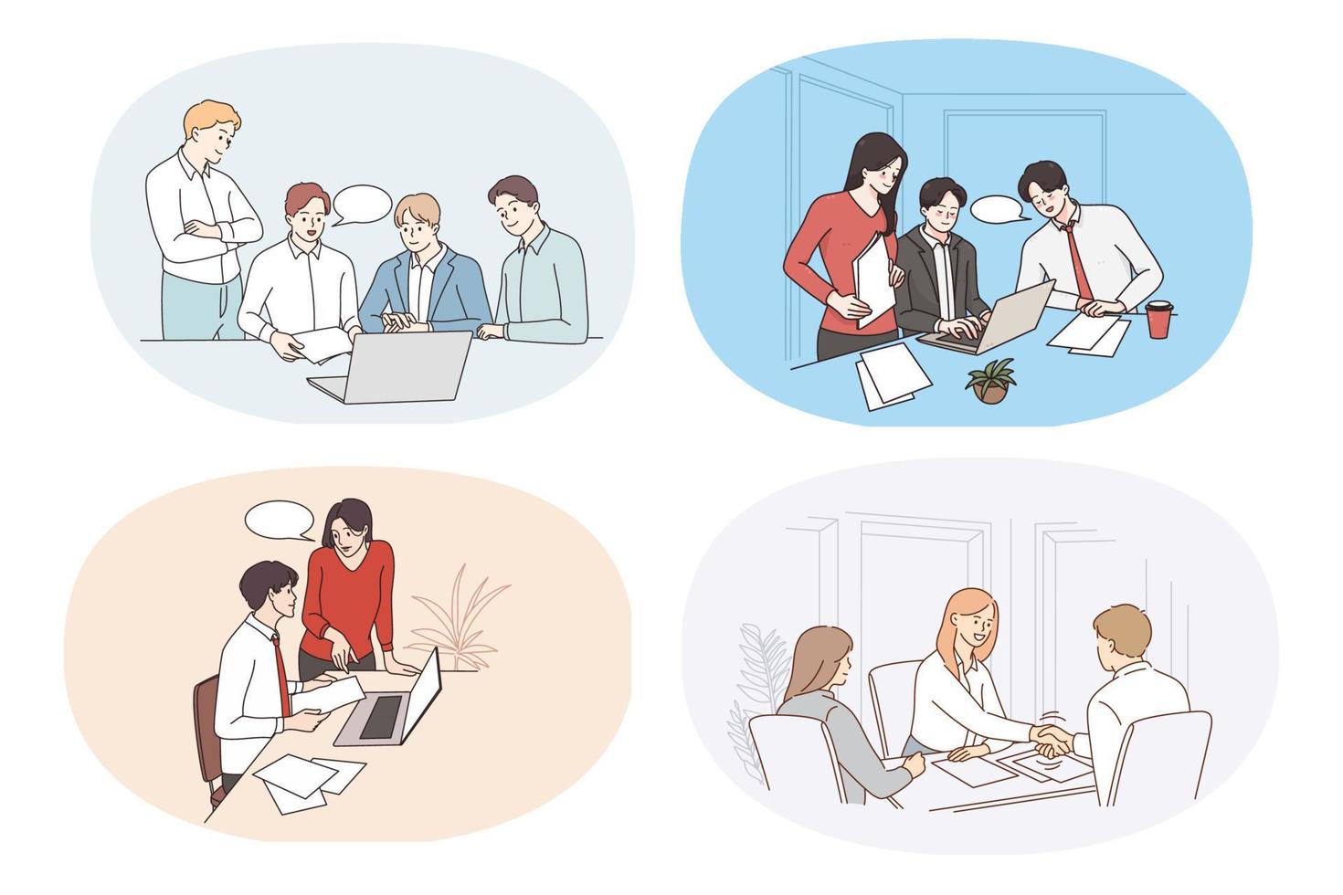 Set of diverse successful businesspeople work collaborate at team meeting at workplace. Bundle of employees or business partners cooperate in office. Teamwork. Vector illustration.