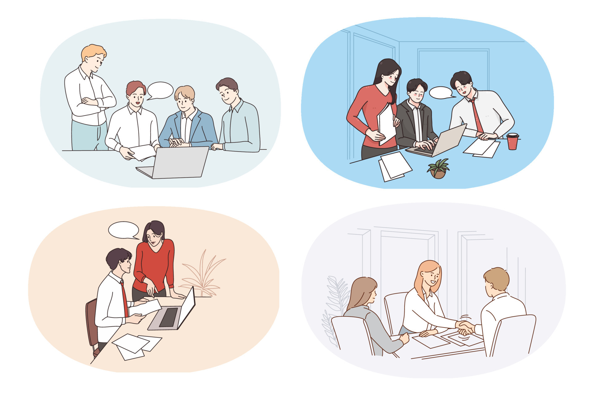 Set of diverse successful businesspeople work collaborate at team meeting at workplace. Bundle