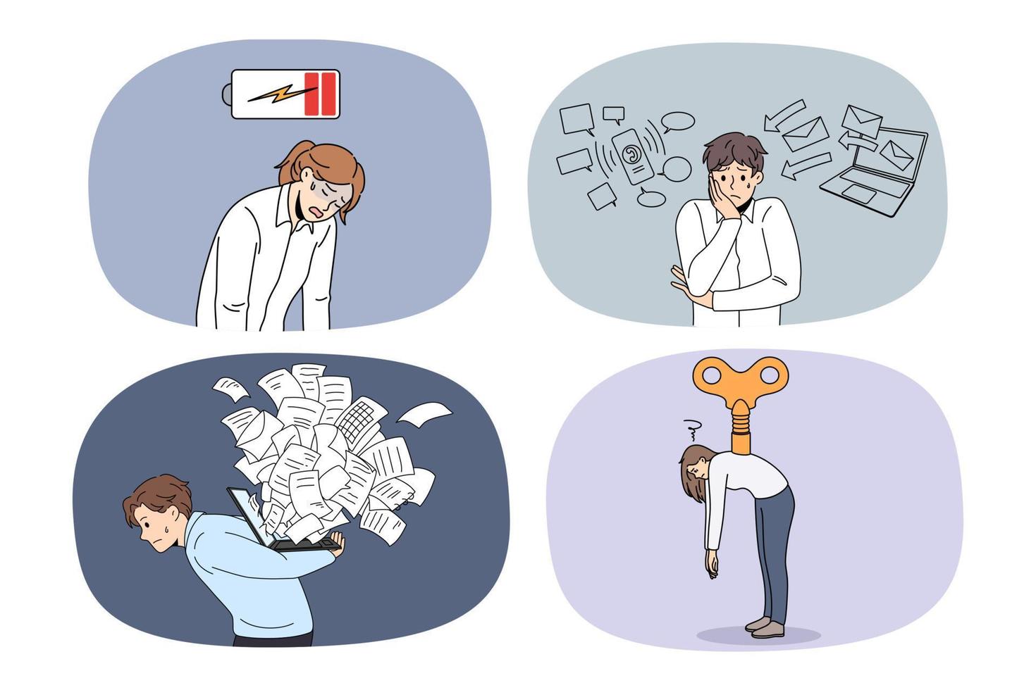 Set of tired businesspeople struggle with fatigue overwhelmed with job. Collection of exhausted employees or workers suffer from work stress or burnout. Overwork concept. Vector illustration.