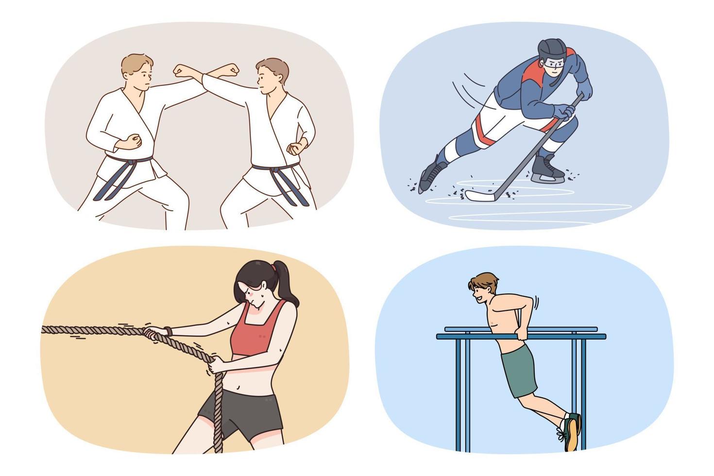 Set of strong diverse athletes train exercise prepare for competition. Collection of powerful men and women sportsmen workout. Sport and training. Healthy lifestyle. Vector illustration.