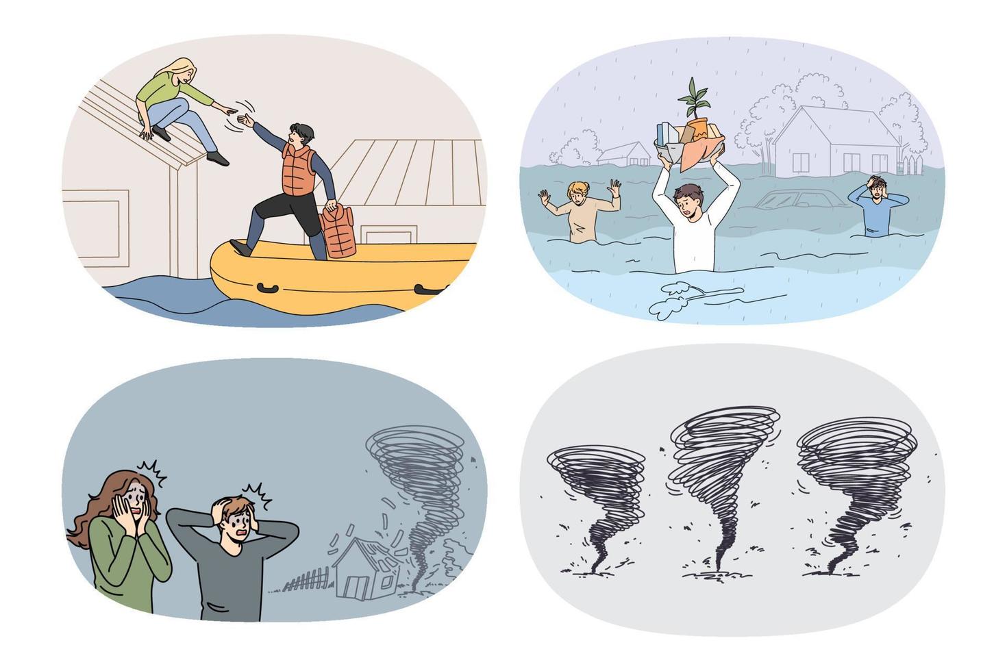 Set of unhappy frustrated people feel scared on natural disaster flooding or typhoon. Collection of confused men and women rescue from homes suffer from catastrophe. Vector illustration.