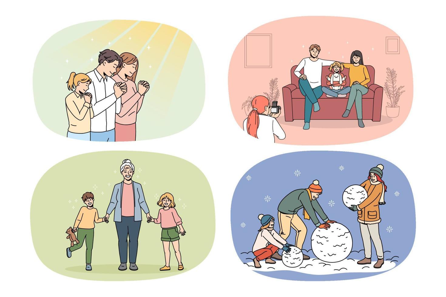 Set of happy young parents with small children daily life. Collection of smiling family with kids everyday activities, spending time playing together. Parenthood concept. Vector illustration.