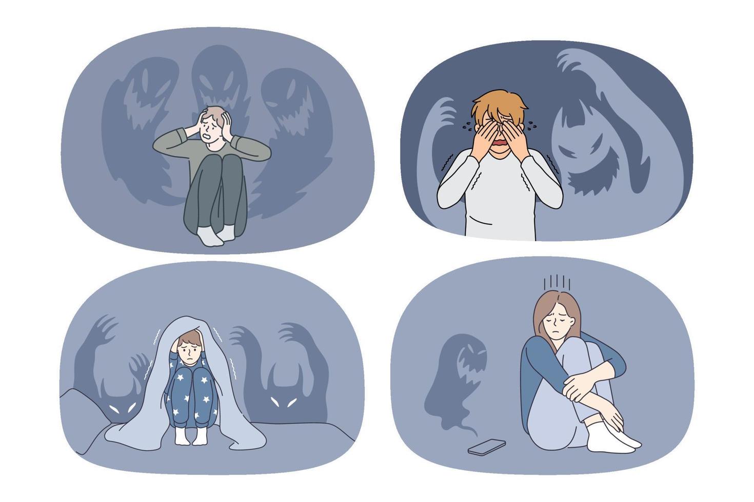 Set of small kids feel scared terrified of monsters. Collection of people paralyzed with fear struggle with panic attack or anxiety. Mental or psychological problems. Vector illustration.
