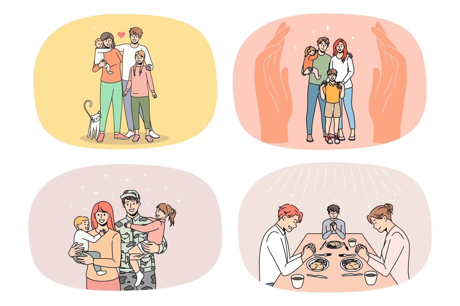 Collection of loving young family with children show unity and care. Set of smiling parents with small kids feel grateful and protected. Bonding and relation. Parenthood. Vector illustration.