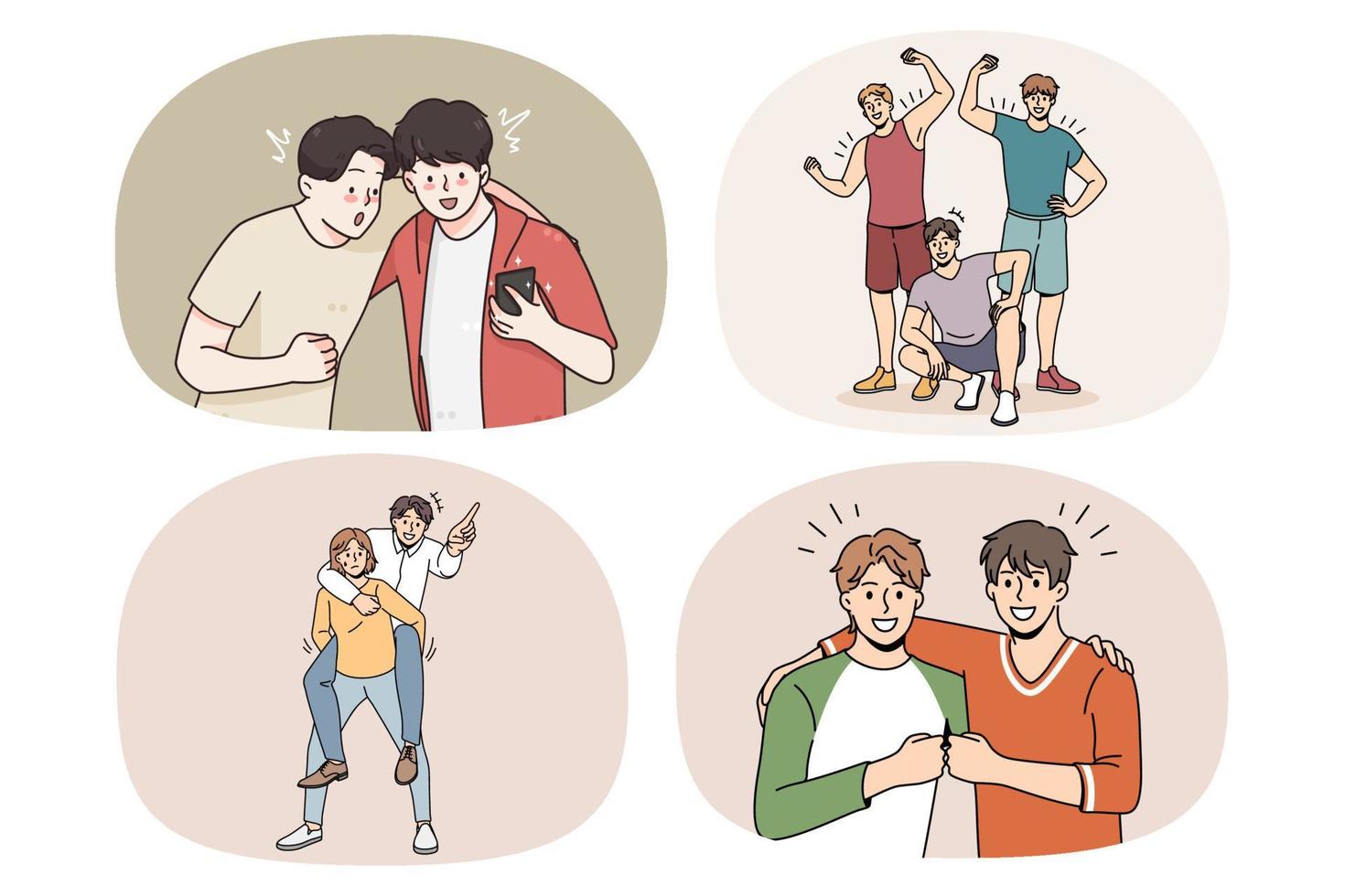 Set of smiling male friends hug show unity and respect. Collection of happy guys have fun relax rest together. Manhood and friendship concept. Flat vector illustration.